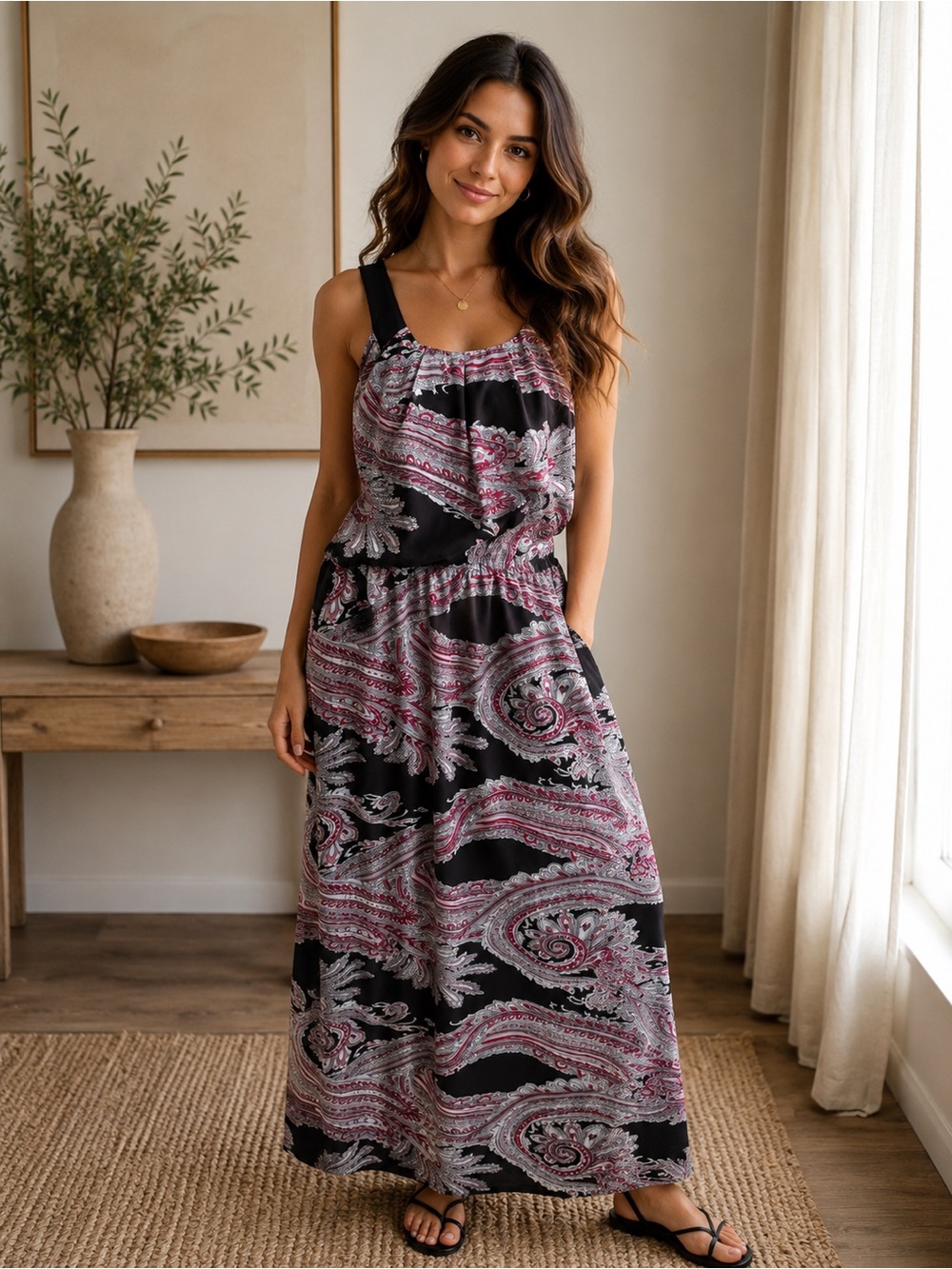 Black & Pink Paisley Maxi Dress - Women